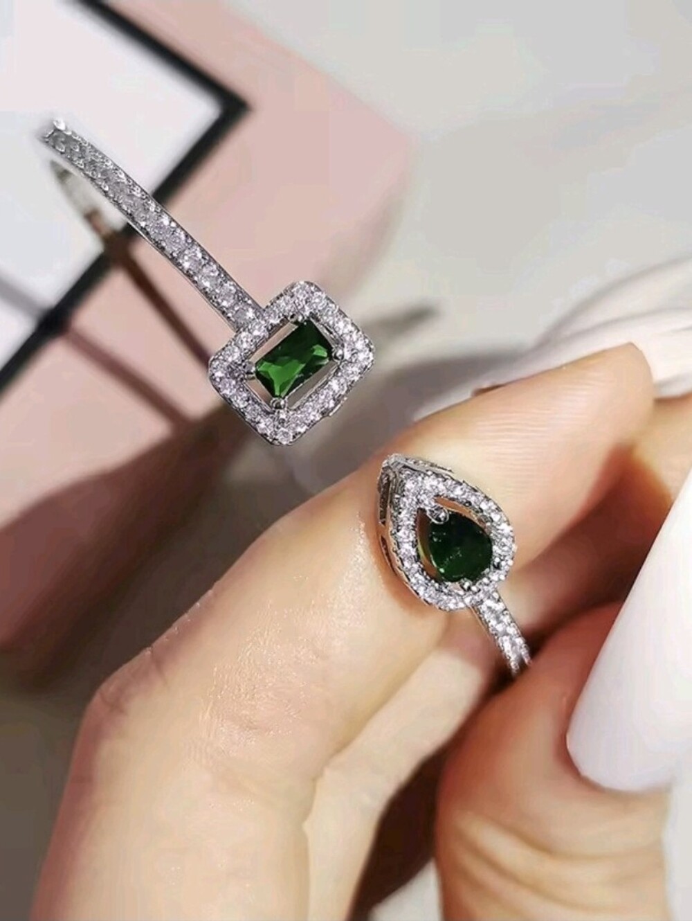 Elegant Emerald Open Cuff Bracelet & Adjustable Ring Set |Silver Tone CZ Jewelry - Picture 5 of 7